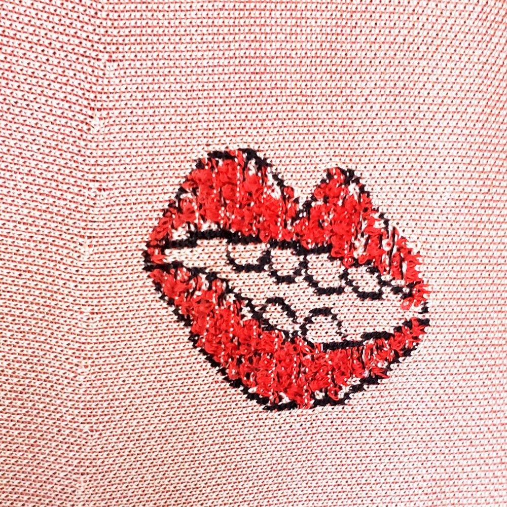 JIMI ROOS Women's RARE Pink Knit Fit and Flare Dress Whimsical Red Lips S/M - Picture 6 of 15